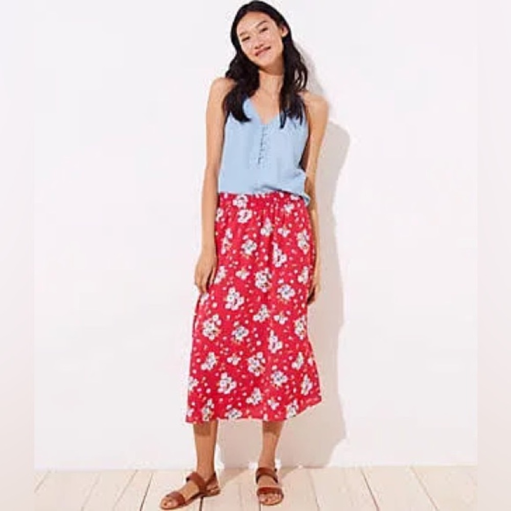 Loft Smocked Waist Red Midi Floral Skirt Size M Lined Side Pockets